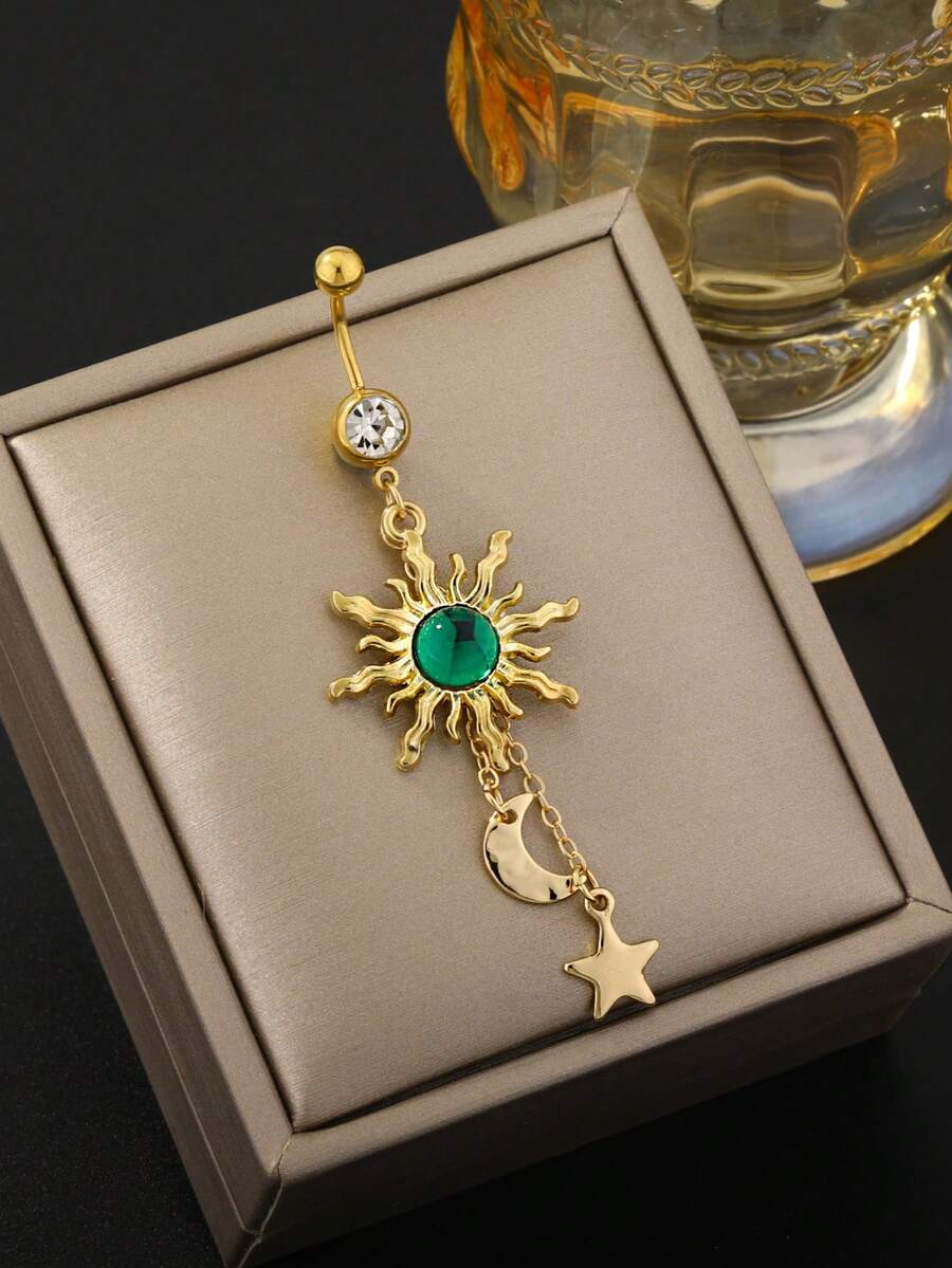 1 pieza Anillo de ombligo de acero inoxidable con sol, estrella y luna, para uso diario, accesorio de perforación corporal para el festival Eid de Oriente Medio (sin caja de regalo) - sol - Ver 1