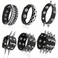 1/3/6 Pcs Set Black Leather Rivet Punk Goth Bracelet, Unisex - Black #1 - View 1