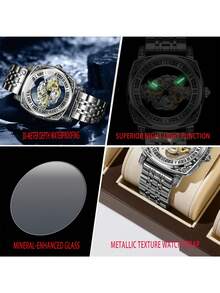 1pc Men's Black Zinc Alloy Business Style Luminous Carved Automatic Tourbillon Hollow Mechanical Watch - Black - View 5