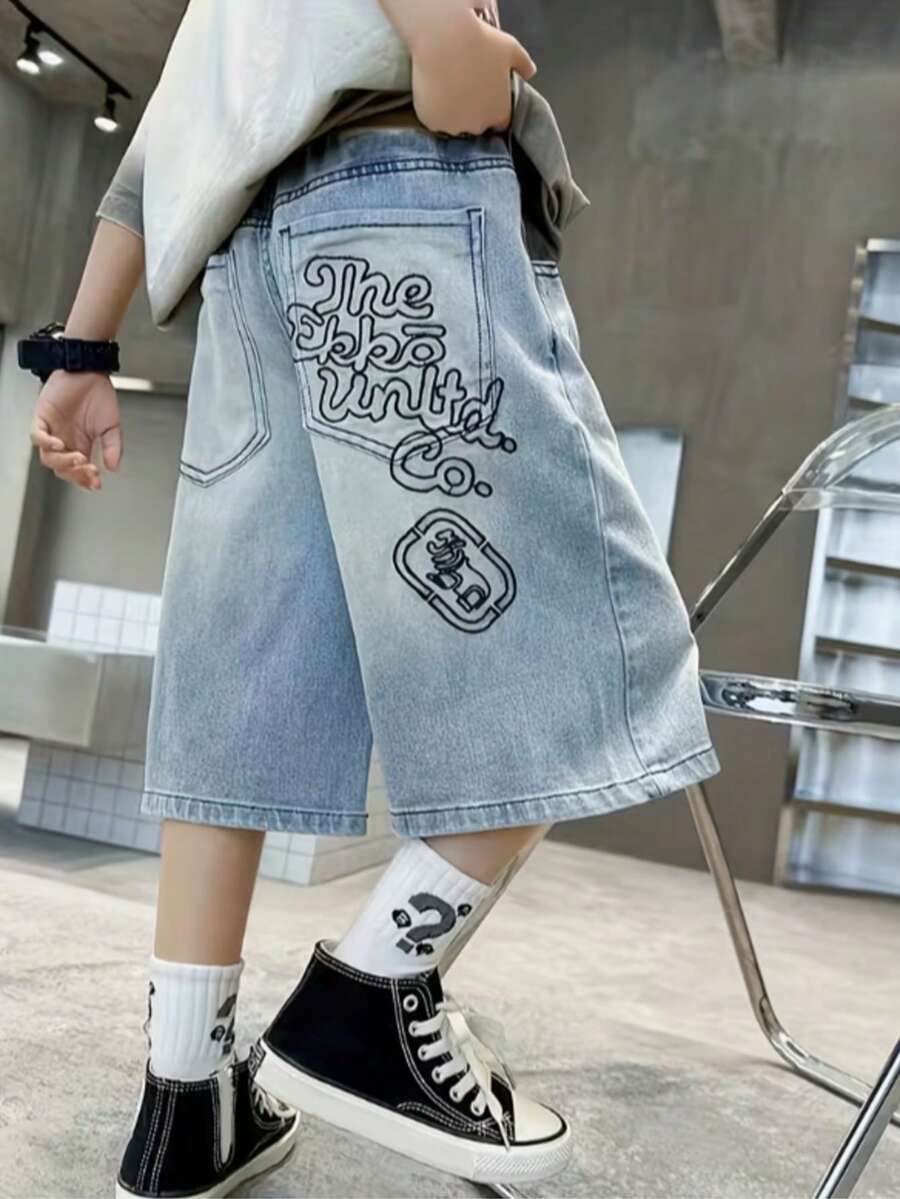 青少年男童新款时尚牛仔七分裤 - 中等水洗藍 - 查看 1