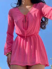 女士优雅玫红色雪纺迷你连衣裙，波西米亚风，度假装，长袖系领飘逸沙滩裙，夏季穿搭 - 玫紅色 - 查看 4