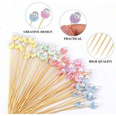 198pcs White Bead Bamboo Skewers, 4.7 Inch Bamboo Cocktail Sticks, Suitable For Hotel, Restaurant, Wedding, Party Appetizers, Cakes, Beverages, Fruits And Food Presentation