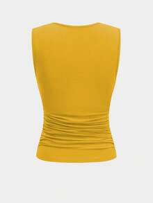 2pcs Women's Pleated Set, Including Round Neck Camisole And Elegant Split Midi Skirt, Slightly Stretchy, 180G Knit Fabric - Yellow - View 3