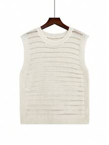 女士镂空条纹针织无袖背心，修身款 - 乳白色 - 查看 3