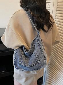 1 pièce Sac à bandoulière décontracté pour femmes avec poche kangourou imprimé lettres, en tissu lavé durable. Convient pour le travail, les déplacements, l'école, les courses, les voyages, les cadeaux, toutes saisons - Multicolore - Voir 3