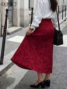 DONICY 女士酒红色提花高腰喇叭中长裙，春秋季时尚优雅约会外出婚礼宾客派对装扮 - 酒紅色 - 查看 8