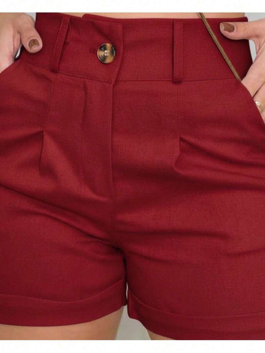 Women's Linen Shorts With Knife Pockets - Red - View 1