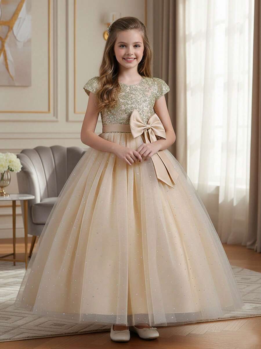 Girls Sequin Embroidered Bodice Tulle Ball Gown Dress With Glitter Skirt Short Sleeves And Big Bow Back Princess Flower Girl Dress For Wedding Birthday Pageant Formal Occasion - 香檳色 - 查看 1