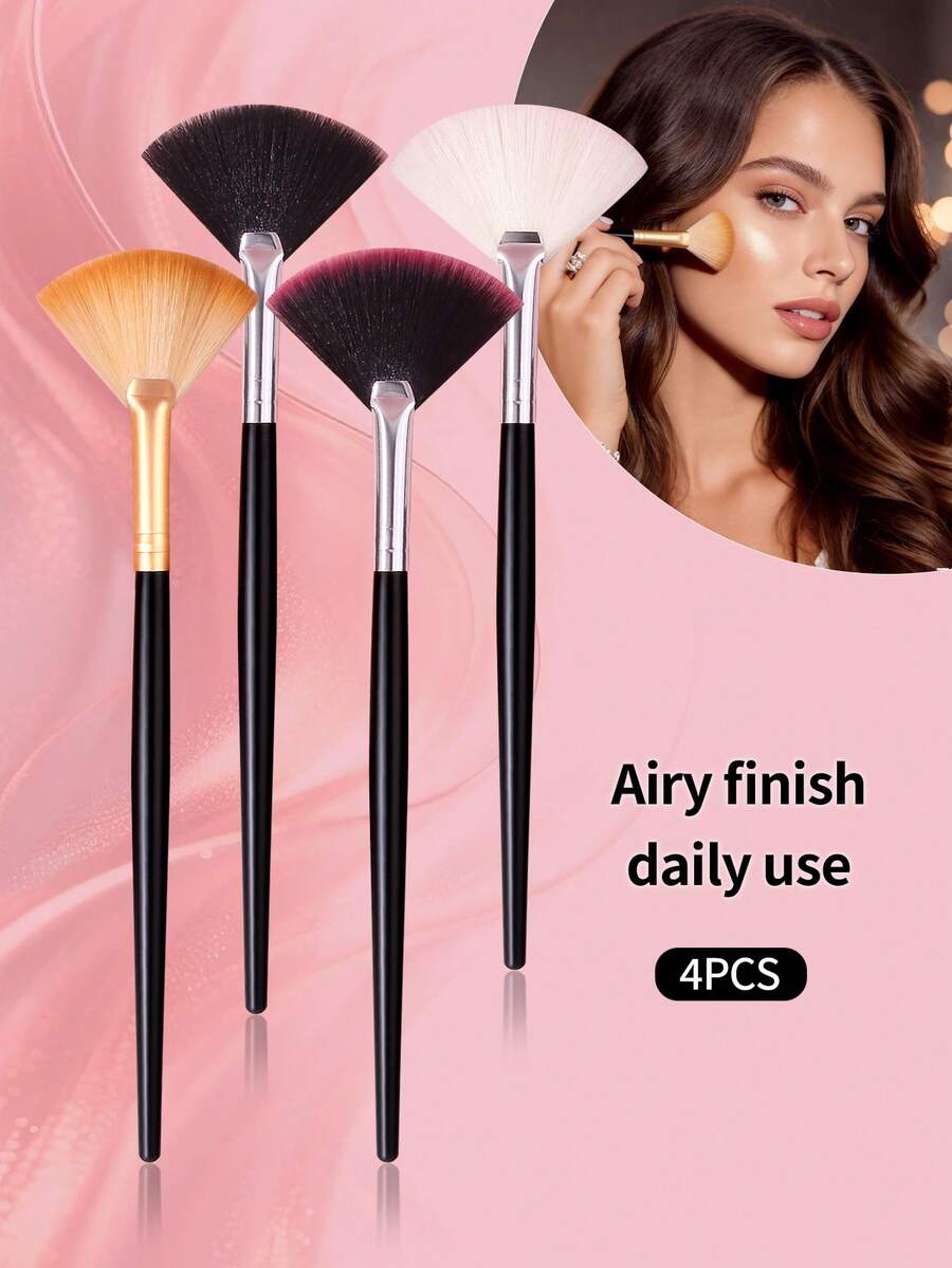 1/4支迷你扇形高光刷，柔软便携面部轮廓化妆刷，散粉腮红刷，专业化妆工具