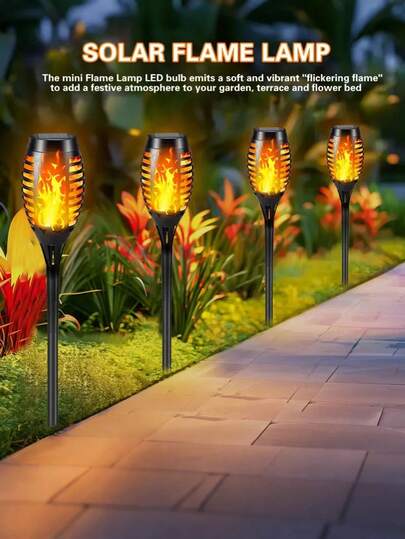 1pc/2pcs Black Shell Flame Lights, Solar Powered Outdoor Lights, Simulated Flickering Flame, Suitable For Garden Decor, Applicable For Garden, Landscape, Halloween Pathway, Patio, Balcony Deck Yard, Solar Landscape Lights, Outdoor Wall Sconce