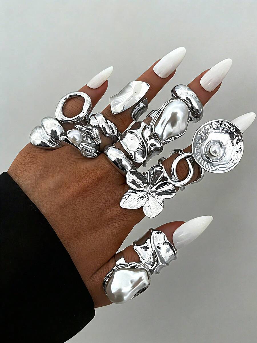 Juego de 14 piezas/7 piezas de anillos de mujer de estilo gótico bohemio vintage elegante, incluye diseños de flor, perla irregular, hueco, cruzado, plisado, redondo, geométrico multielemental, adecuado para uso diario, fiesta, vacaciones, boda, regalo - Plateado - Ver 1