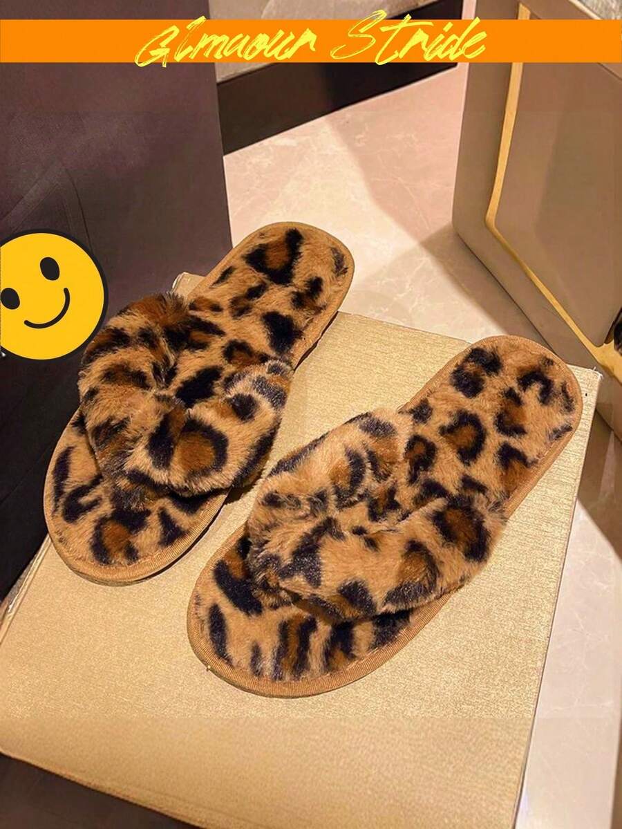Leopard Print Fluffy Flip Flops, Women Flat Thong Sandals - Brown - View 1