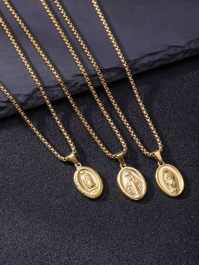 18K Gold Plated Silver Tone Guadalupe Virgin Mary Oval Pendant Necklace For Men Women 316L Stainless Steel Virgin Mary Box Chain Necklace