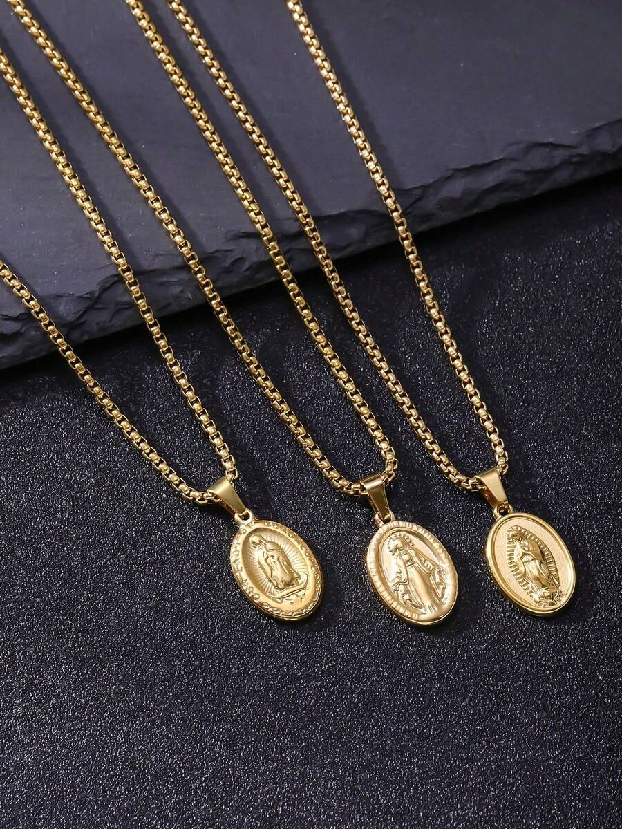 18K Gold Plated Silver Tone Guadalupe Virgin Mary Oval Pendant Necklace For Men Women 316L Stainless Steel Virgin Mary Box Chain Necklace - Gold - View 1