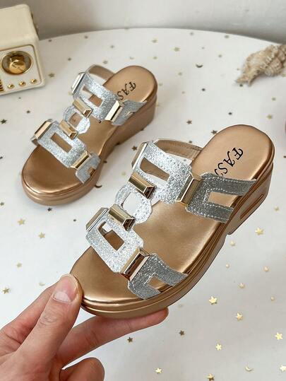 Chunky Platform Slippers For Kids | Comfortable Wedge Sandals With Decorative Metal Buckles, Girls' Fashion Shoes