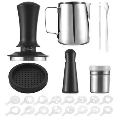 23 Piezas accesorios para cafetera espresso, Tamper de café 58mm, Kit de tamper para café, con jarra de espumación 350 ml, WDT tool espresso, cuchara agitadora, bolígrafo latte art
