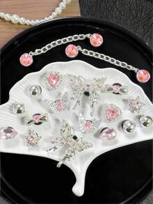 18pcs Silver & Pink Butterfly Diamond Chain Shoe Accessories, Suitable For Shoes With Holes Like Slippers, Sandals, Beach Shoes, Removable DIY Shoe Decorations - Silver Pink Chain - View 3