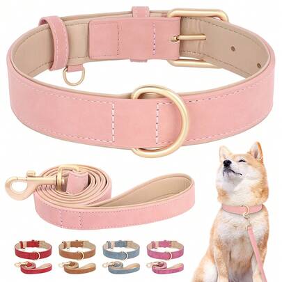 Soft PU Leather Dog Collar And Leash Set, Lined Solid Color Soft Dog Collar And Leash Set