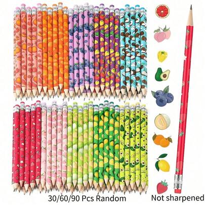 DOMUUH 30/60/90支装励志木质铅笔，带水果元素橡皮擦，适合学校、办公室、派对礼物、生日、毕业典礼等场合。