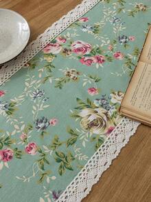 1pc Green Rose Print Rectangular Table Runner, Farmhouse Style, Washable, Beige Lace Trim Decor, Suitable For Coffee Table, Shoe Cabinet, Dining Room, Living Room, Parties, Picnics, Festivals, Indoor & Outdoor, Spring & Summer - Green - View 9