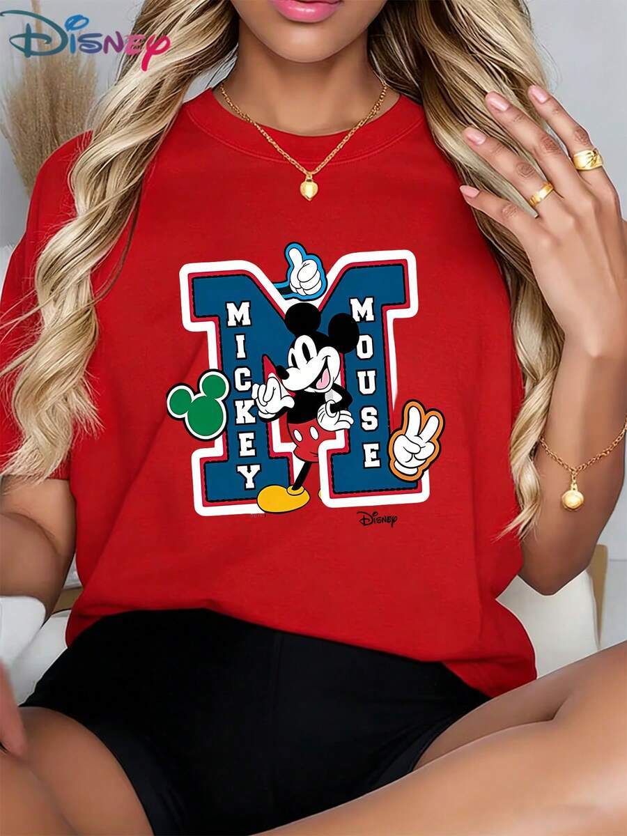 Casual Women's Disney Graphic T-Shirt, Featuring Mickey Mouse Varsity "M" Design (Red Retro Print) - Versatile For Disney Trips & Casual Outings, Popular Women's Classic T-ShirtMade From Soft, Comfortable, And Durable Pure Cotton, This Is An Ideal Choice For Spring And Summer. This Crew Neck T-Shirt Is Suitable For Various Occasions, Including Everyday Wear, Shopping, Parties, Travel, And Gatherings, And Also Makes A Thoughtful Gift. - Red - View 1