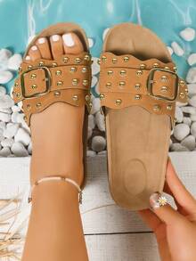 Women's Fashion PU Leather Buckle Beach Sandals, Summer - Mocha Brown - View 4