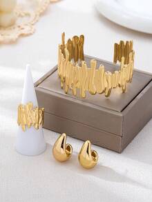 Set de 4 piezas de joyería de moda con forma de gota de agua geométrica hueca de metal, incluyendo anillo, pulsera y aretes para mujeres - Amarillo Oro - Ver 6