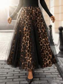 Plus Size Women's Leopard Print Casual Versatile Daily Outing Contrast Mesh Fashion Skirt Vacation - Multicolor - View 6