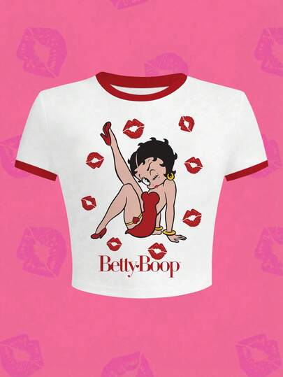 Whysmera SHEIN X Betty Boop Áo croptop in họa tiết dành cho nữ - Phong cách thường ngày dễ thương, phù hợp mặc hàng ngày.