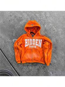 Men's & Women's High Street Retro Hooded Zipper Sweatshirt, Loose Casual Cardigan Jacket Top - 橘紅色 - 查看 3