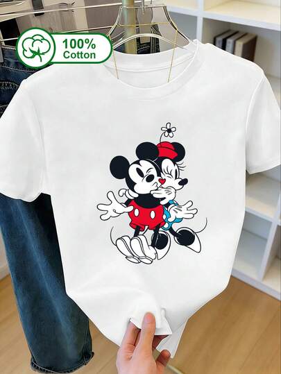 Disney Women's Casual Short Sleeve Pullover T-Shirt, 100% Cotton Material, Heart Pattern Print, Suitable For Summer & Autumn Casual Wear, Women's Graphic Print T-Shirt