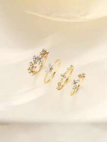 4-Piece Set Of Butterfly Flower Rings With Rhinestones, Fashionable And Versatile, Light Luxury Temperament, And Handmade Accessories - Butterfly Shape - View 2