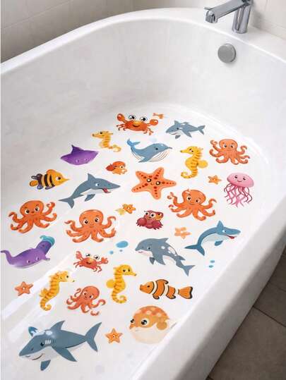 TWO Sheets (Comprising 25 Pcs) Colorful Tropical Fish Bathtub Stickers,Colorful Underwater Theme Stickers ,Non-Slip Vinyl Stickers For Bathtubs & Showers Waterproof, Self-Adhesive, Removable Marine Life Decals For Fun Bathroom Decor