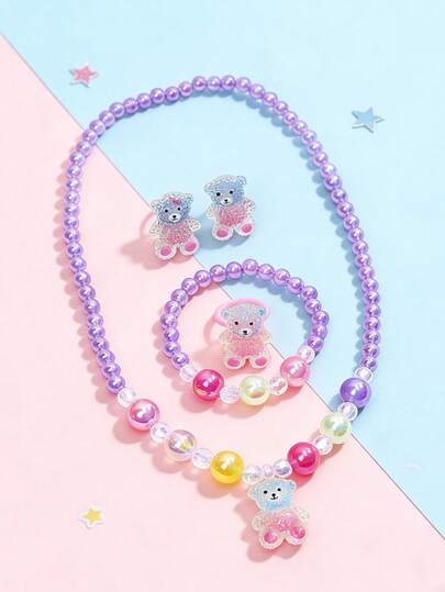 Set de 5 piezas de joyería con colgante, pulsera, anillo y aretes de clip con diseño de oso de dibujos animados, adecuado para uso diario de niñas y como regalo para fiestas y vacaciones