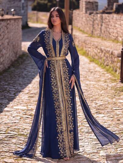 Faeriesty 2 Pieces Luxury Gold Pearl Embroidered Chiffon Maxi Dress Set - Flare Sleeves, Gold Waist Belt - Suitable For Weddings, Galas, Awards Ceremonies And Formal Occasions Party