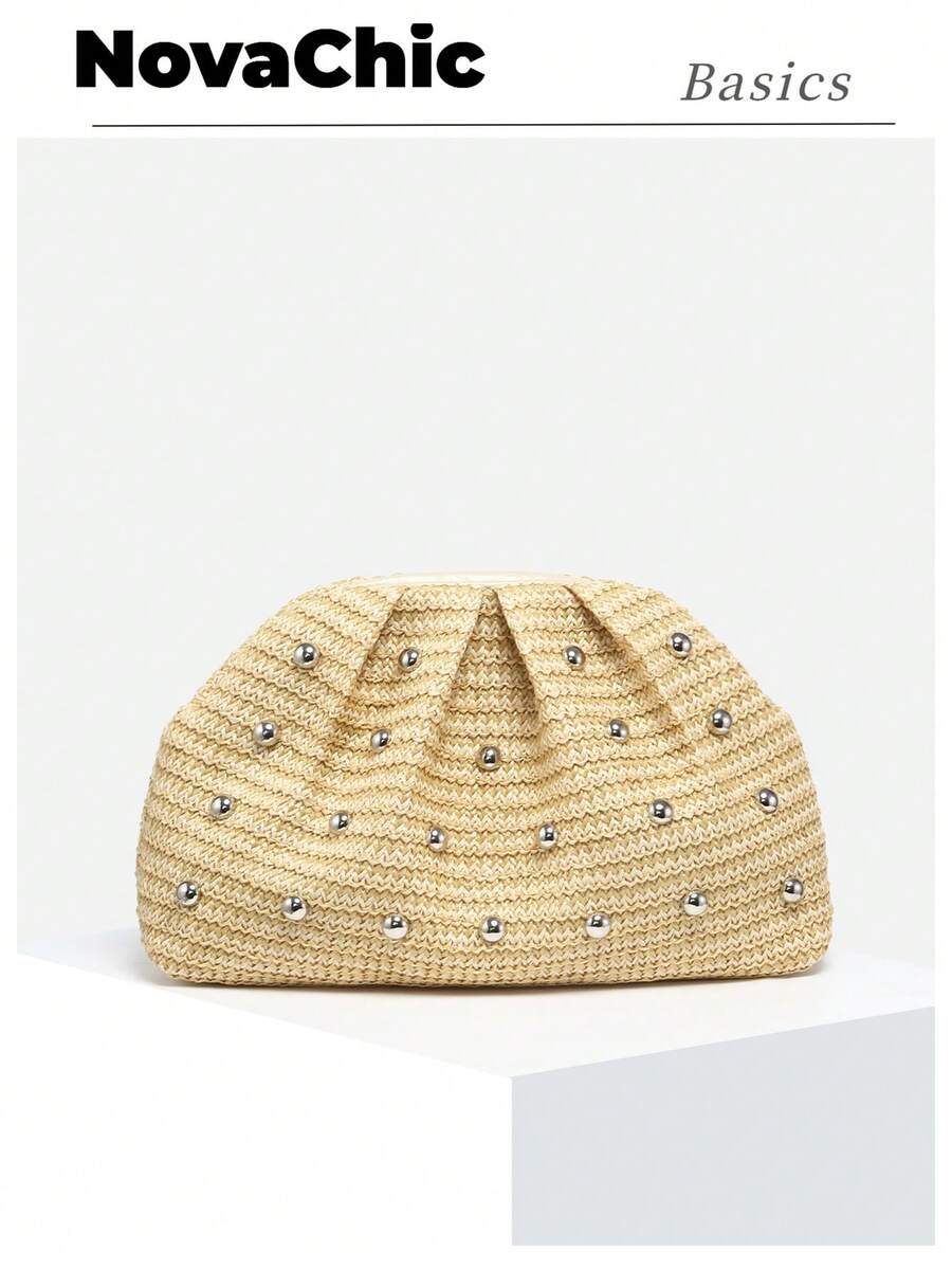 1pc Straw, Beach Style, Rivet Decor, Retro, Minimalist, Fashion Women Pleated Clutch Bag, Suitable For Daily, Beach, Party, Vacation - Khaki - View 1