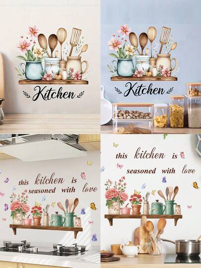1 miếng dán tường nhà bếp - Họa tiết hoa trong lọ gia vị, decal vinyl tự dính và có thể tái sử dụng, thích hợp trang trí nhà bếp, phòng khách và phòng ăn - Tranh nghệ thuật hiện đại có thể giặt rửa, trang trí nhà bếp, hình minh họa vui nhộn.