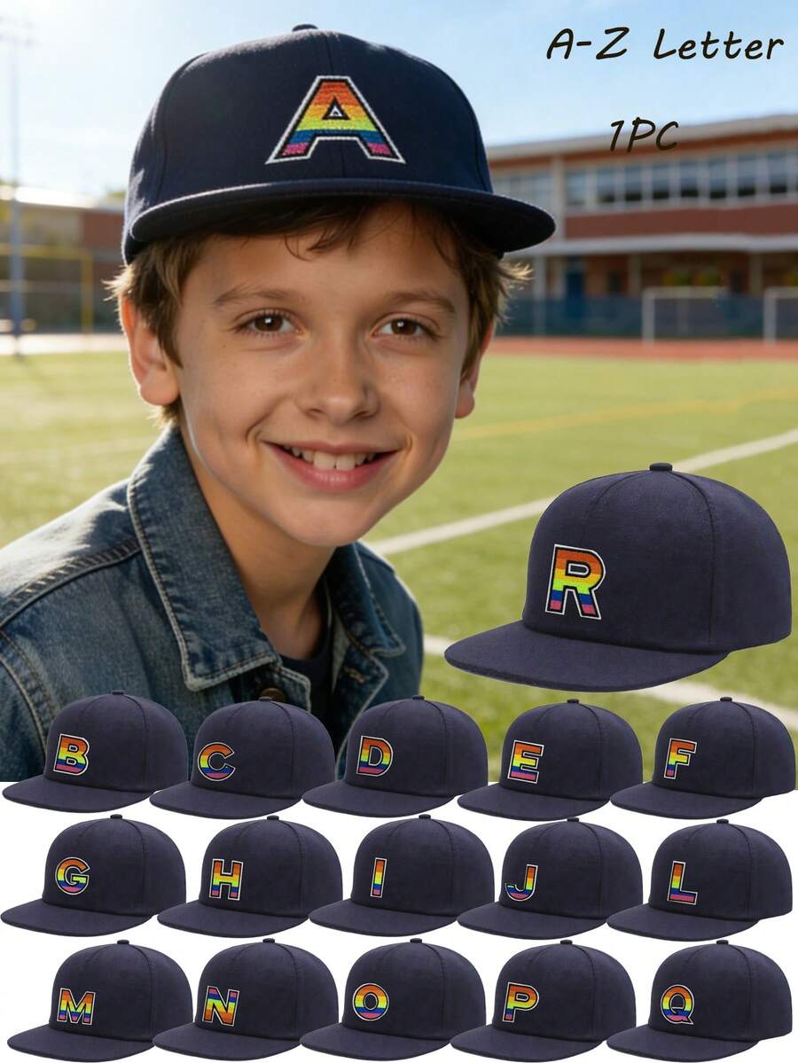 1 PC Fashion Children Hip Hop Cap Student Rainbow A-Z Letter Snapback Cap Adjustment Outdoor Casual Sun Hats Bone 8-16Y - Navy Blue - View 1