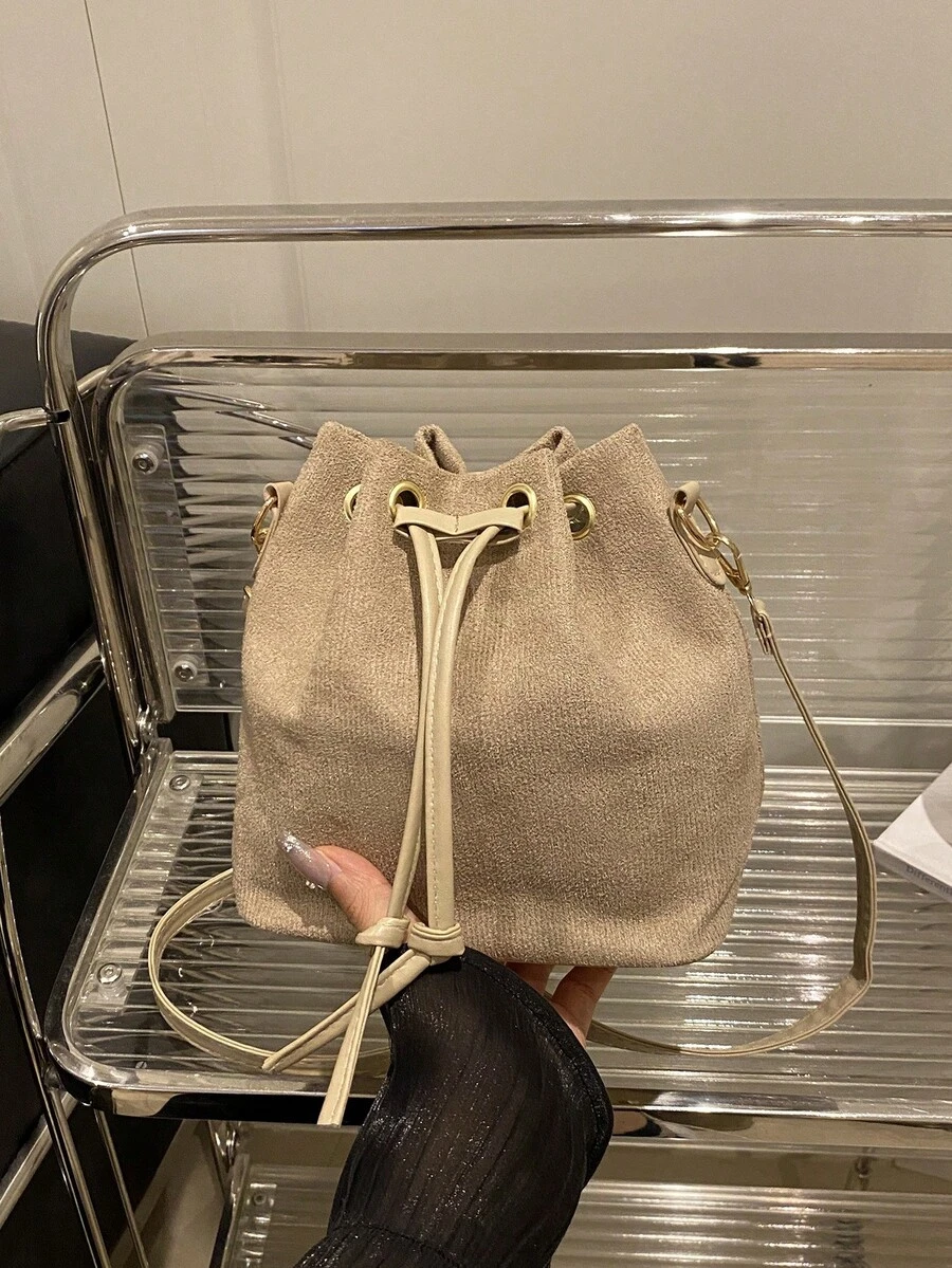 Women's Drawstring Mini Bucket Bag, Quilted Casual Outdoor Shoulder Bag - Khaki - View 1