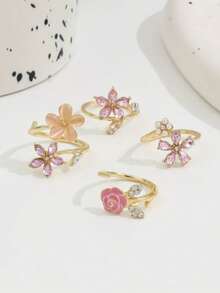 4pcs Romantic Pink Oil Drop Rose Flower Rings, Faux Pearl & Rhinestone 5-Petal Flower Ring Set For Women - Gold - View 2