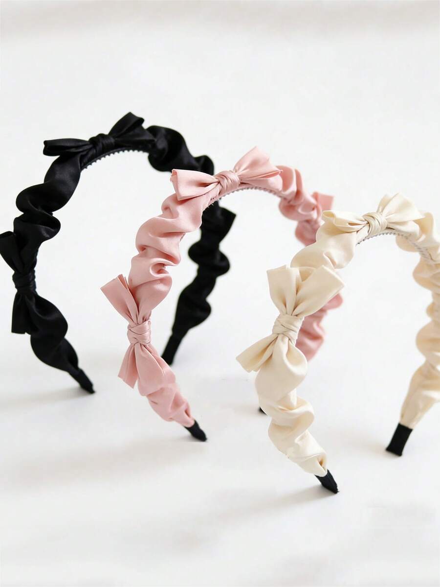 三件套甜美缎面蝴蝶结发带，优雅百搭，飘逸的黑色、白色和粉色发带，完美适合日常造型。 - 彩色 - 查看 1
