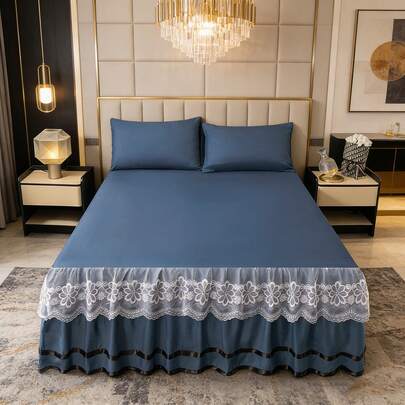 1pc New Soft Brushed Solid Color Bed Skirt (With Lace Trim), Moisture-Wicking, Wrinkle-Resistant, All Season, Fashionable & Economical Bedding For Bedroom & Hotel