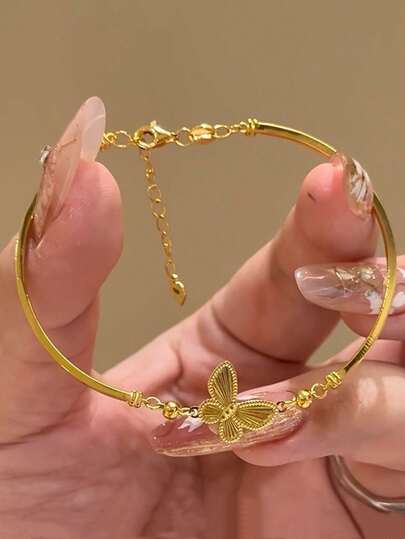 1PC Stylish Korean-Inspired Luxury Gold Color Butterfly Bracelet, An Elegant Women's Bangle, Charming Party And Banquet Jewelry, Wedding Gift Jewelry
