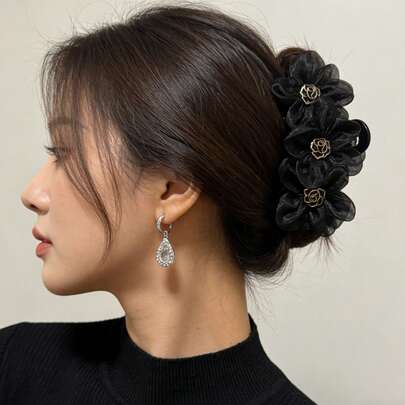 1pc Floral Print Hair Clip, Suitable For Daily Wear, Dates, And Parties, Black Flower Design, Spring/Summer Summer Hair Accessories Beach Claw Clips Vacay Hair Claw
