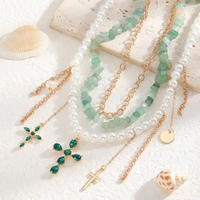 Dây chuyền ngọc trai nhiều lớp, dây chuyền choker mặt dây chuyền hình thánh giá đính đá màu xanh lá cây thời trang theo phong cách INS. - Nhiều màu - Xem 6