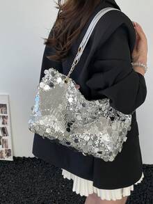 1pc Fashionable Large Capacity Party Sequin Glitter Women's Shoulder Tote Bag, Suitable For Party, Banquet, Travel - Silver - View 2