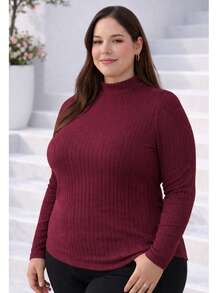 Women's Plus Size Long Sleeve Blouse With Medium High Ribbed Neck, Premium Comfortable Viscose - 紫紅色 - 查看 2