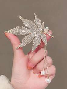 1pc Elegant Alloy Maple Leaf Tassel Crystal Hair Clip, Fashionable Duck Clip Hair Accessory For Women, Claw Clips,Summer,Holiday,Travel - Multicolor - View 3