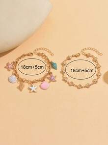 2pcs/Set Unique Drip Glaze Starfish Pendant Bracelet Set, Fashionable Minimalist Gold Shell Chain Layered Bracelet, Suitable For Daily Wear And Party Occasions - Multicolor - View 4