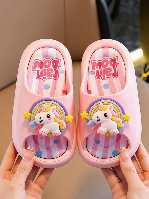 1 Pair Kids Slippers, Cute Cartoon Unicorn & Horse Design, Indoor Home Bathroom Slides, Suitable For Girls & Boys, Summer
